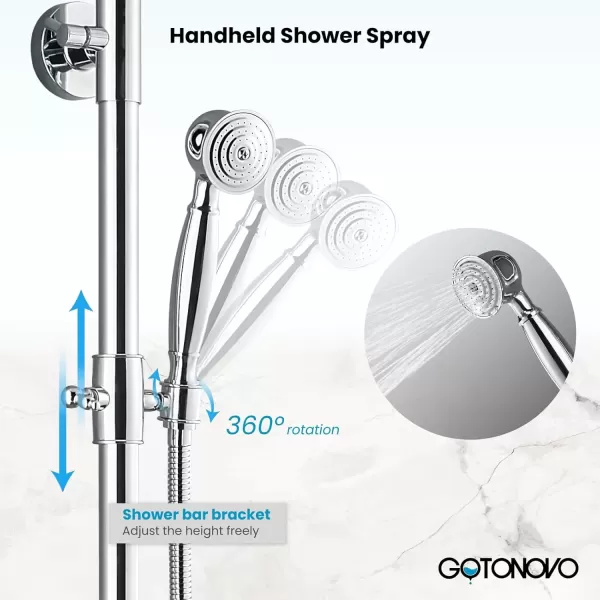imagegotonovo Exposed Bathroom Shower Faucet Wall Mounted Shower System 8 Inch Shower Head and Tub Spout Double Cross Handles Adjustable Handheld Sprayer Polished ChromePolished Chrome