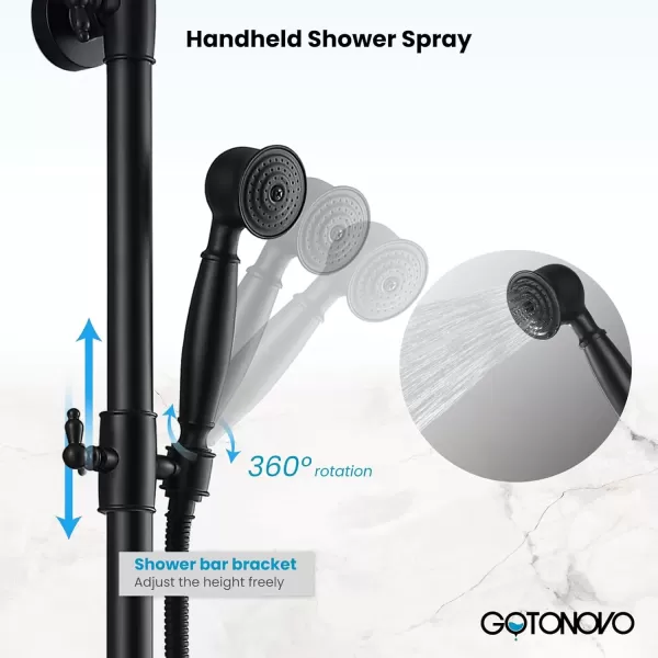 imagegotonovo Exposed Bathroom Shower Faucet Wall Mounted Shower System 8 Inch Shower Head and Tub Spout Double Cross Handles Adjustable Handheld Sprayer Polished ChromeMatte Black