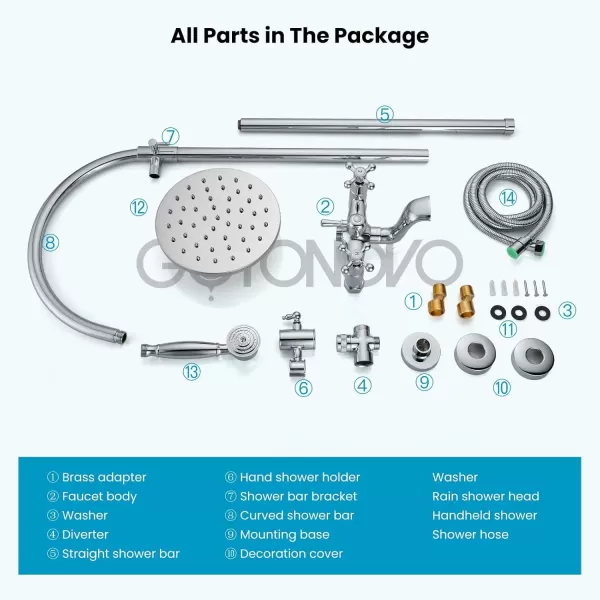 imagegotonovo Exposed Bathroom Shower Faucet Wall Mounted Shower System 8 Inch Shower Head and Tub Spout Double Cross Handles Adjustable Handheld Sprayer Polished ChromePolished Chrome