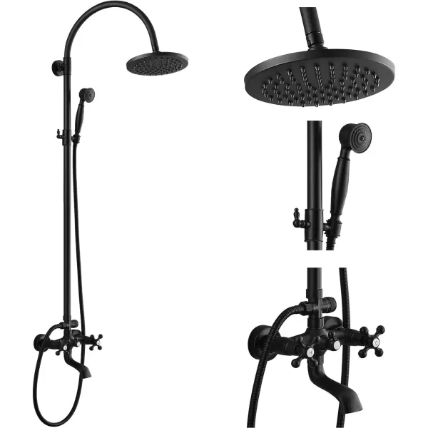 imagegotonovo Exposed Bathroom Shower Faucet Wall Mounted Shower System 8 Inch Shower Head and Tub Spout Double Cross Handles Adjustable Handheld Sprayer Polished ChromeMatte Black