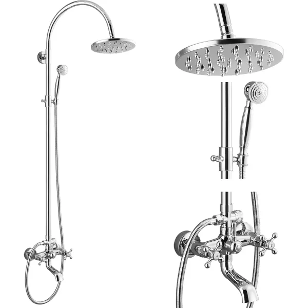 imagegotonovo Exposed Bathroom Shower Faucet Wall Mounted Shower System 8 Inch Shower Head and Tub Spout Double Cross Handles Adjustable Handheld Sprayer Polished ChromePolished Chrome