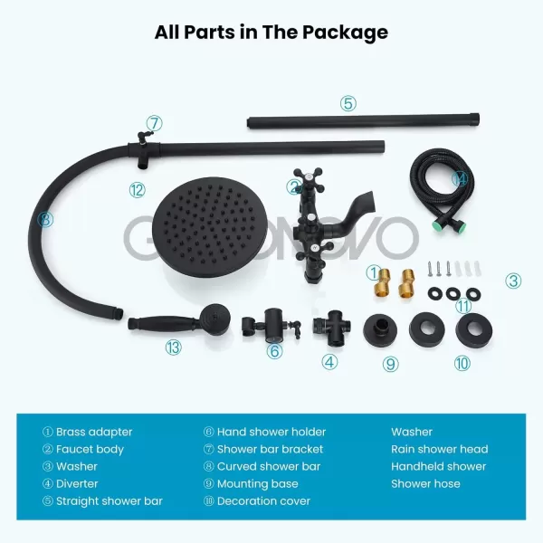 imagegotonovo Exposed Bathroom Shower Faucet Wall Mounted Shower System 8 Inch Shower Head and Tub Spout Double Cross Handles Adjustable Handheld Sprayer Polished ChromeMatte Black