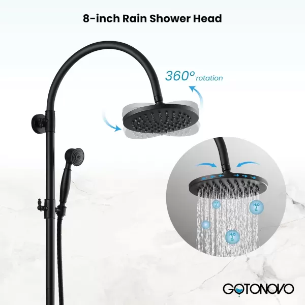 imagegotonovo Exposed Bathroom Shower Faucet Wall Mounted Shower System 8 Inch Shower Head and Tub Spout Double Cross Handles Adjustable Handheld Sprayer Polished ChromeMatte Black