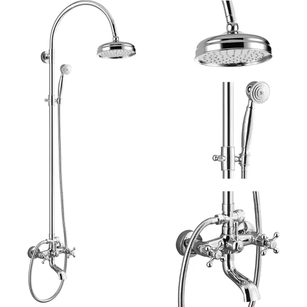 imagegotonovo Exposed Bathroom Shower System Classic Shower Kit 8 Inch Luxurious Rainfall Shower Head Handheld Spray Tub Filler Brass Pipe 3Function Wall Mount Double Cross Knobs Polished ChromePolished Chrome