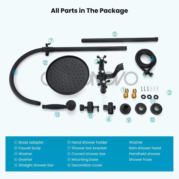 imagegotonovo Exposed Bathroom Shower System Classic Shower Kit 8 Inch Luxurious Rainfall Shower Head Handheld Spray Tub Filler Brass Pipe 3Function Wall Mount Double Cross Knobs Polished ChromeMatte Black