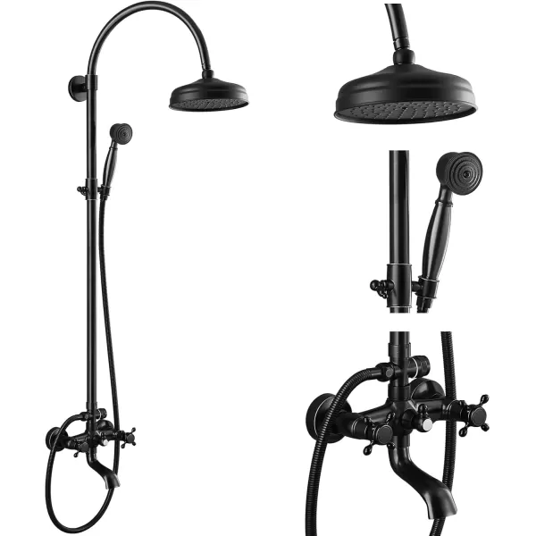 imagegotonovo Exposed Bathroom Shower System Classic Shower Kit 8 Inch Luxurious Rainfall Shower Head Handheld Spray Tub Filler Brass Pipe 3Function Wall Mount Double Cross Knobs Polished ChromeOil Rubbed Bronze