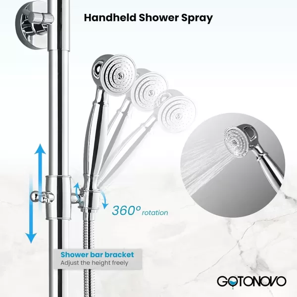 imagegotonovo Exposed Bathroom Shower System Classic Shower Kit 8 Inch Luxurious Rainfall Shower Head Handheld Spray Tub Filler Brass Pipe 3Function Wall Mount Double Cross Knobs Polished ChromePolished Chrome