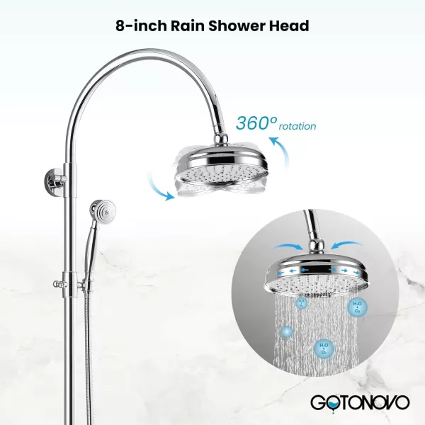 imagegotonovo Exposed Bathroom Shower System Classic Shower Kit 8 Inch Luxurious Rainfall Shower Head Handheld Spray Tub Filler Brass Pipe 3Function Wall Mount Double Cross Knobs Polished ChromePolished Chrome