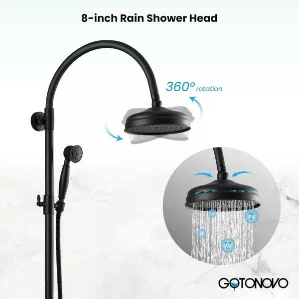 imagegotonovo Exposed Bathroom Shower System Classic Shower Kit 8 Inch Luxurious Rainfall Shower Head Handheld Spray Tub Filler Brass Pipe 3Function Wall Mount Double Cross Knobs Polished ChromeMatte Black
