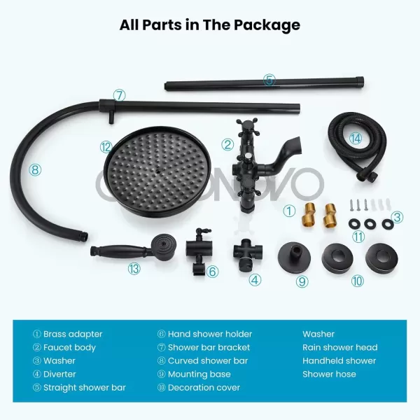 imagegotonovo Exposed Bathroom Shower System Classic Shower Kit 8 Inch Luxurious Rainfall Shower Head Handheld Spray Tub Filler Brass Pipe 3Function Wall Mount Double Cross Knobs Polished ChromeOil Rubbed Bronze