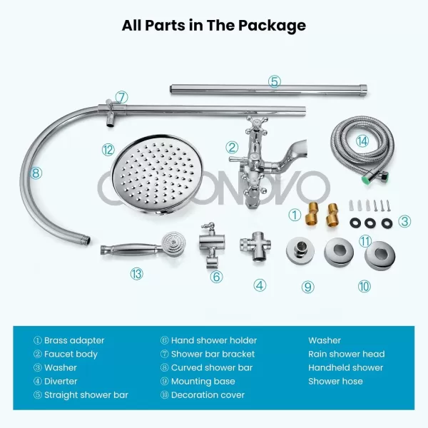 imagegotonovo Exposed Bathroom Shower System Classic Shower Kit 8 Inch Luxurious Rainfall Shower Head Handheld Spray Tub Filler Brass Pipe 3Function Wall Mount Double Cross Knobs Polished ChromePolished Chrome