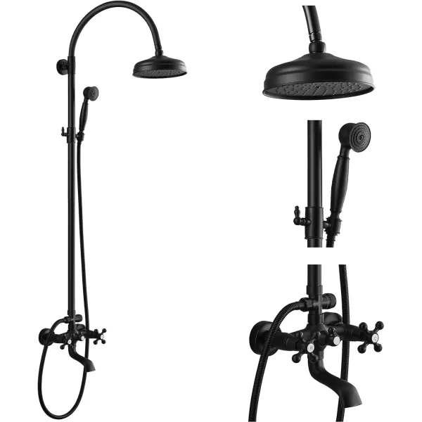 imagegotonovo Exposed Bathroom Shower System Classic Shower Kit 8 Inch Luxurious Rainfall Shower Head Handheld Spray Tub Filler Brass Pipe 3Function Wall Mount Double Cross Knobs Polished ChromeMatte Black