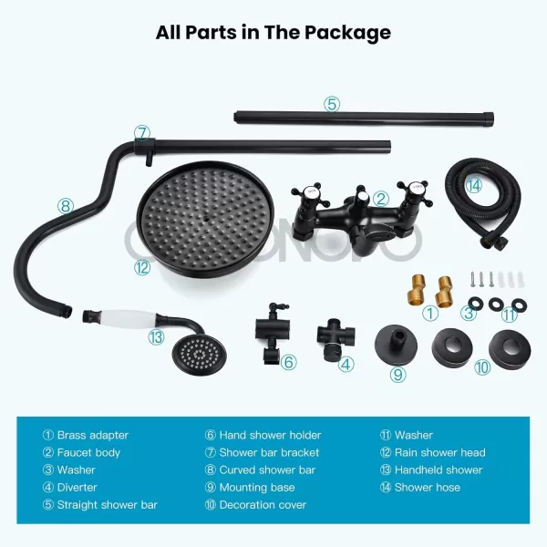 imagegotonovo Exposed Bathroom Shower System Vintage Shower Fixture 8 Inch Rainfall Shower Head Handheld Spray Tub Filler Brass Pipe 3Function Wall Mount Double Cross Knobs Polished ChromeOil Rubbed Bronze