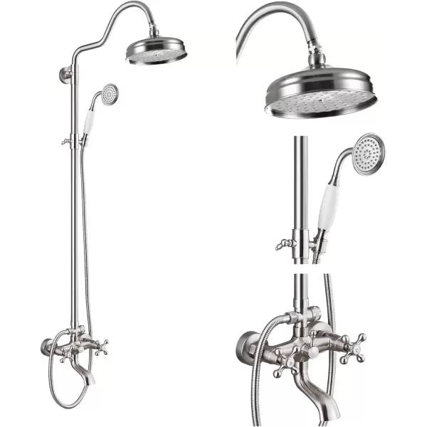 imagegotonovo Exposed Bathroom Shower System Vintage Shower Fixture 8 Inch Rainfall Shower Head Handheld Spray Tub Filler Brass Pipe 3Function Wall Mount Double Cross Knobs Polished ChromeBrushed Nickel