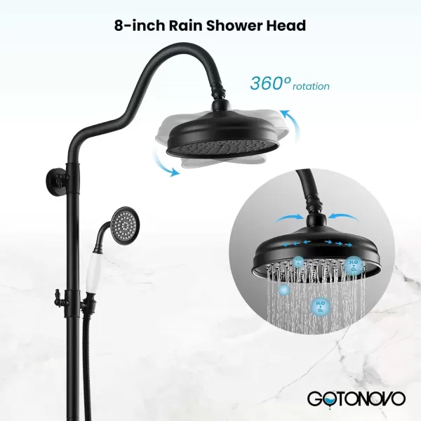 imagegotonovo Exposed Bathroom Shower System Vintage Shower Fixture 8 Inch Rainfall Shower Head Handheld Spray Tub Filler Brass Pipe 3Function Wall Mount Double Cross Knobs Polished ChromeMatte Black