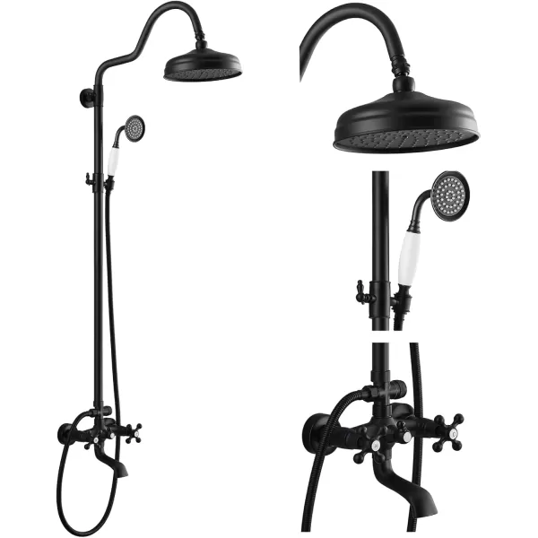 imagegotonovo Exposed Bathroom Shower System Vintage Shower Fixture 8 Inch Rainfall Shower Head Handheld Spray Tub Filler Brass Pipe 3Function Wall Mount Double Cross Knobs Polished ChromeMatte Black
