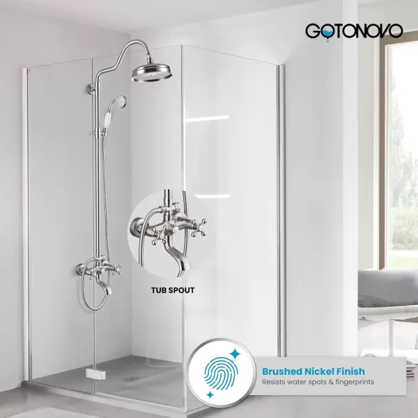 imagegotonovo Exposed Bathroom Shower System Vintage Shower Fixture 8 Inch Rainfall Shower Head Handheld Spray Tub Filler Brass Pipe 3Function Wall Mount Double Cross Knobs Polished ChromeBrushed Nickel