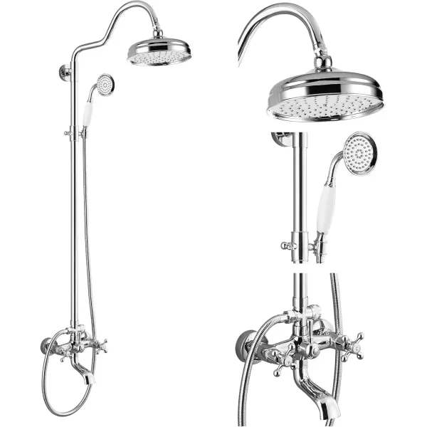 imagegotonovo Exposed Bathroom Shower System Vintage Shower Fixture 8 Inch Rainfall Shower Head Handheld Spray Tub Filler Brass Pipe 3Function Wall Mount Double Cross Knobs Polished ChromePolished Chrome