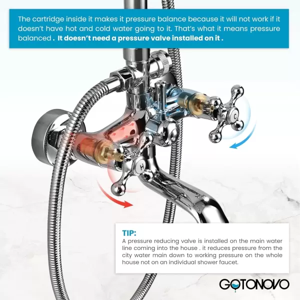 imagegotonovo Exposed Bathroom Shower System Vintage Shower Fixture 8 Inch Rainfall Shower Head Handheld Spray Tub Filler Brass Pipe 3Function Wall Mount Double Cross Knobs Polished ChromePolished Chrome