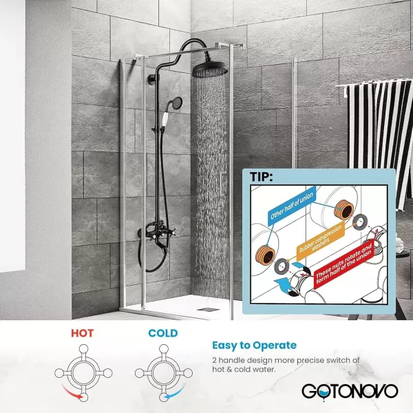 imagegotonovo Exposed Bathroom Shower System Vintage Shower Fixture 8 Inch Rainfall Shower Head Handheld Spray Tub Filler Brass Pipe 3Function Wall Mount Double Cross Knobs Polished ChromeOil Rubbed Bronze