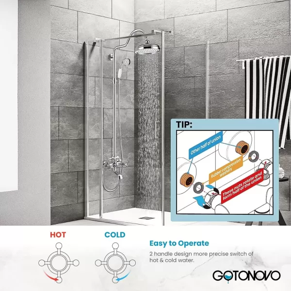 imagegotonovo Exposed Bathroom Shower System Vintage Shower Fixture 8 Inch Rainfall Shower Head Handheld Spray Tub Filler Brass Pipe 3Function Wall Mount Double Cross Knobs Polished ChromePolished Chrome