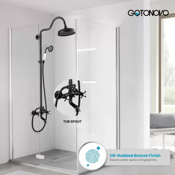 imagegotonovo Exposed Bathroom Shower System Vintage Shower Fixture 8 Inch Rainfall Shower Head Handheld Spray Tub Filler Brass Pipe 3Function Wall Mount Double Cross Knobs Polished ChromeOil Rubbed Bronze