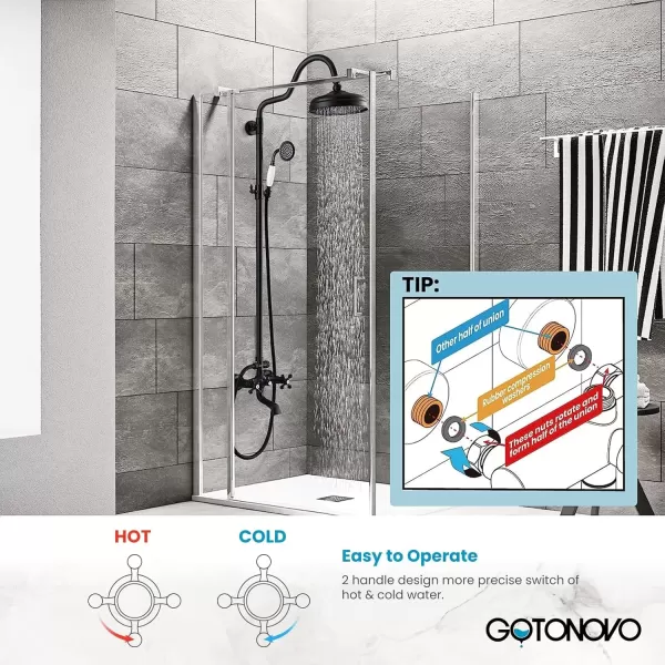 imagegotonovo Exposed Bathroom Shower System Vintage Shower Fixture 8 Inch Rainfall Shower Head Handheld Spray Tub Filler Brass Pipe 3Function Wall Mount Double Cross Knobs Polished ChromeMatte Black