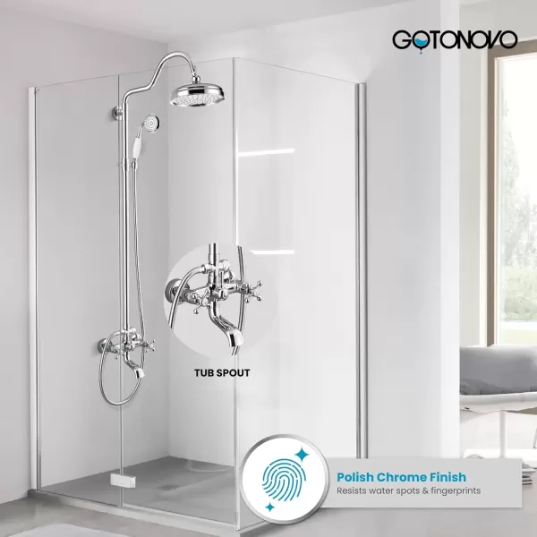 imagegotonovo Exposed Bathroom Shower System Vintage Shower Fixture 8 Inch Rainfall Shower Head Handheld Spray Tub Filler Brass Pipe 3Function Wall Mount Double Cross Knobs Polished ChromePolished Chrome