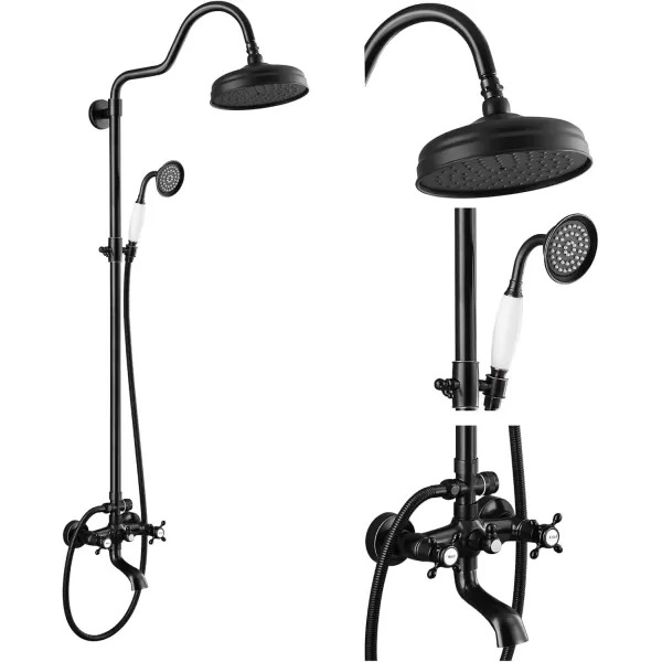 imagegotonovo Exposed Bathroom Shower System Vintage Shower Fixture 8 Inch Rainfall Shower Head Handheld Spray Tub Filler Brass Pipe 3Function Wall Mount Double Cross Knobs Polished ChromeOil Rubbed Bronze