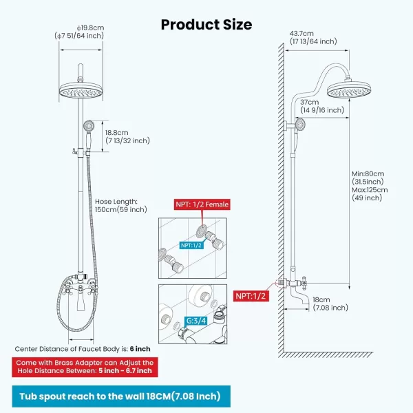 imagegotonovo Exposed Bathroom Shower System Vintage Shower Fixture 8 Inch Rainfall Shower Head Handheld Spray Tub Filler Brass Pipe 3Function Wall Mount Double Cross Knobs Polished ChromeBrushed Nickel