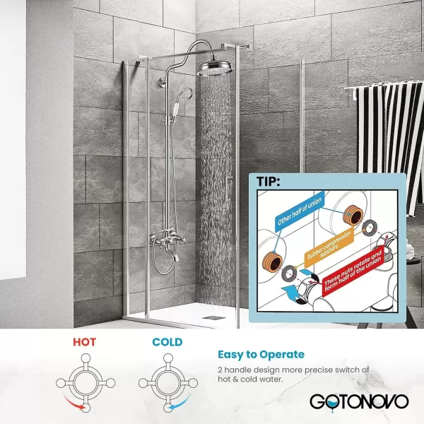 imagegotonovo Exposed Bathroom Shower System Vintage Shower Fixture 8 Inch Rainfall Shower Head Handheld Spray Tub Filler Brass Pipe 3Function Wall Mount Double Cross Knobs Polished ChromeBrushed Nickel