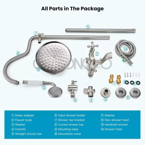 imagegotonovo Exposed Bathroom Shower System Vintage Shower Fixture 8 Inch Rainfall Shower Head Handheld Spray Tub Filler Brass Pipe 3Function Wall Mount Double Cross Knobs Polished ChromeBrushed Nickel