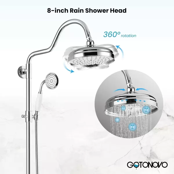 imagegotonovo Exposed Bathroom Shower System Vintage Shower Fixture 8 Inch Rainfall Shower Head Handheld Spray Tub Filler Brass Pipe 3Function Wall Mount Double Cross Knobs Polished ChromePolished Chrome