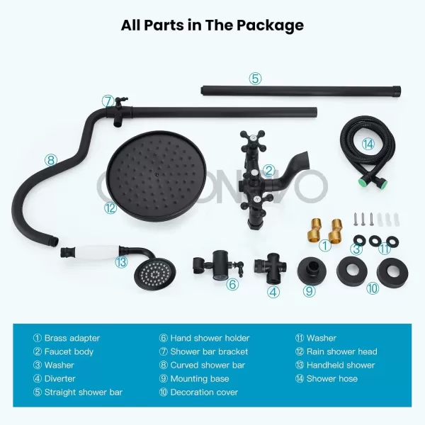 imagegotonovo Exposed Bathroom Shower System Vintage Shower Fixture 8 Inch Rainfall Shower Head Handheld Spray Tub Filler Brass Pipe 3Function Wall Mount Double Cross Knobs Polished ChromeMatte Black