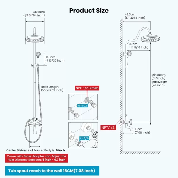 imagegotonovo Exposed Bathroom Shower System Vintage Shower Fixture 8 Inch Rainfall Shower Head Handheld Spray Tub Filler Brass Pipe 3Function Wall Mount Double Cross Knobs Polished ChromeOil Rubbed Bronze