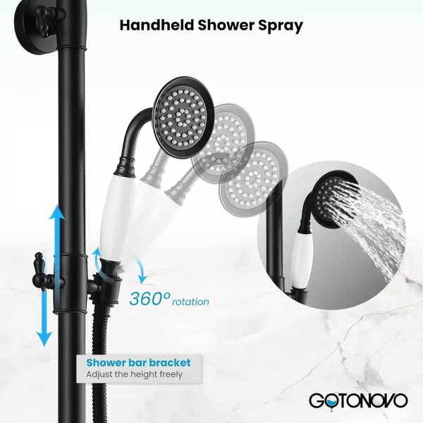 imagegotonovo Exposed Bathroom Shower System Vintage Shower Fixture 8 Inch Rainfall Shower Head Handheld Spray Tub Filler Brass Pipe 3Function Wall Mount Double Cross Knobs Polished ChromeMatte Black