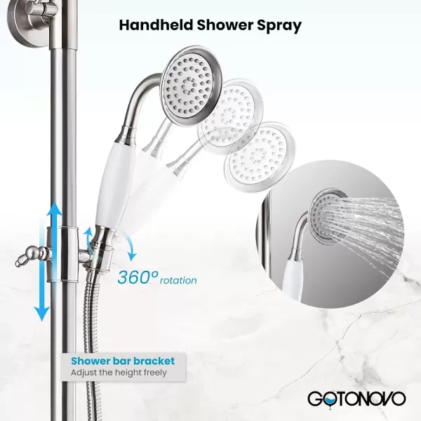 imagegotonovo Exposed Bathroom Shower System Vintage Shower Fixture 8 Inch Rainfall Shower Head Handheld Spray Tub Filler Brass Pipe 3Function Wall Mount Double Cross Knobs Polished ChromeBrushed Nickel