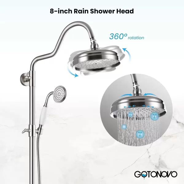 imagegotonovo Exposed Bathroom Shower System Vintage Shower Fixture 8 Inch Rainfall Shower Head Handheld Spray Tub Filler Brass Pipe 3Function Wall Mount Double Cross Knobs Polished ChromeBrushed Nickel