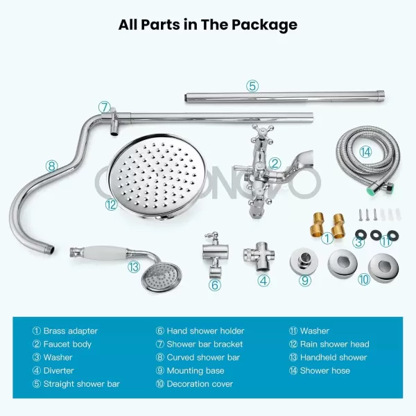 imagegotonovo Exposed Bathroom Shower System Vintage Shower Fixture 8 Inch Rainfall Shower Head Handheld Spray Tub Filler Brass Pipe 3Function Wall Mount Double Cross Knobs Polished ChromePolished Chrome