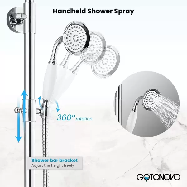 imagegotonovo Exposed Bathroom Shower System Vintage Shower Fixture 8 Inch Rainfall Shower Head Handheld Spray Tub Filler Brass Pipe 3Function Wall Mount Double Cross Knobs Polished ChromePolished Chrome