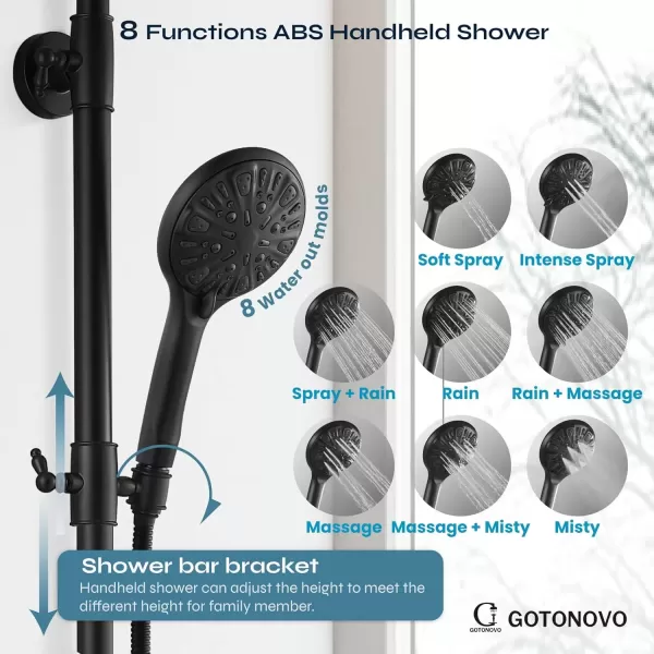 imagegotonovo Exposed Pipe Shower System Set Combo Matte Black 8 Rain ABS Shower Head Handheld Shower Sprayer Single Handle Dual Function Shower Faucet Unit SetNo Tub Spout
