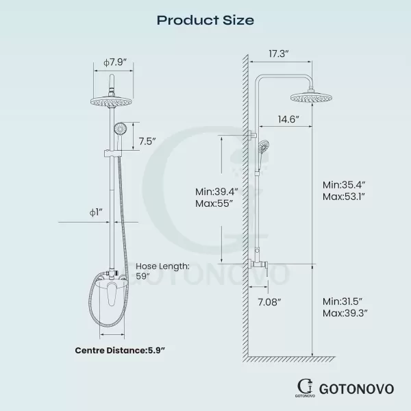 imagegotonovo Exposed Pipe Shower System Set Combo Matte Black 8 Rain ABS Shower Head Handheld Shower Sprayer Single Handle Dual Function Shower Faucet Unit SetNo Tub Spout