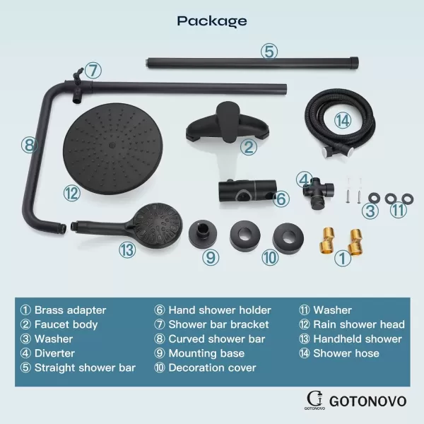imagegotonovo Exposed Pipe Shower System Set Combo Matte Black 8 Rain ABS Shower Head Handheld Shower Sprayer Single Handle Dual Function Shower Faucet Unit SetNo Tub Spout
