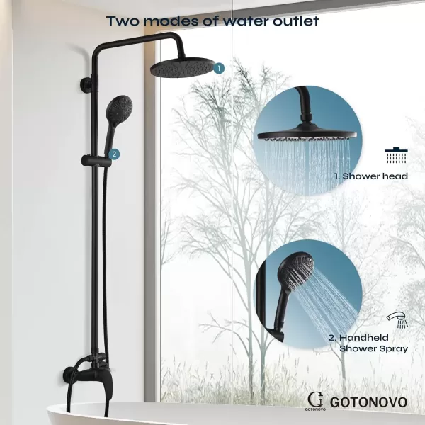 imagegotonovo Exposed Pipe Shower System Set Combo Matte Black 8 Rain ABS Shower Head Handheld Shower Sprayer Single Handle Dual Function Shower Faucet Unit SetNo Tub Spout
