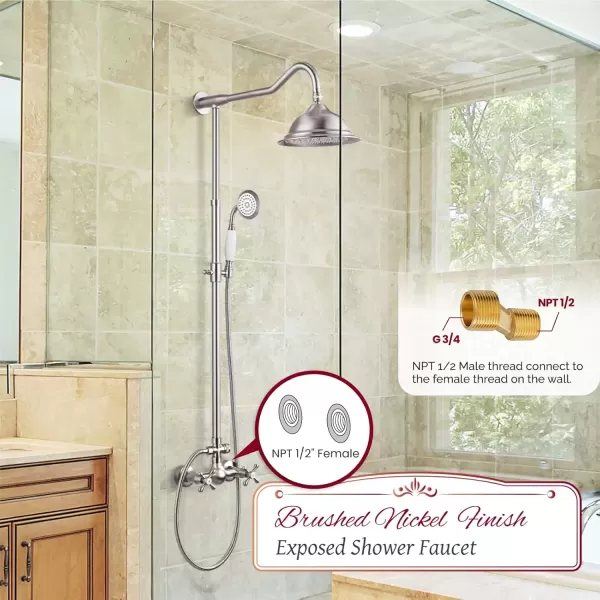 imagegotonovo Exposed Polish Chrome Shower Faucet System 8 Rain Shower 2 Double Knobs Cross Handle Dual Function Shower Fixture Combo Unit SetBrushed Nickel