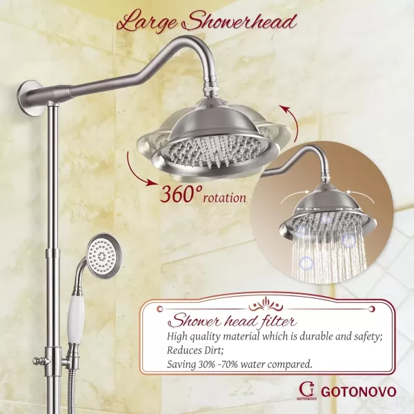 imagegotonovo Exposed Polish Chrome Shower Faucet System 8 Rain Shower 2 Double Knobs Cross Handle Dual Function Shower Fixture Combo Unit SetBrushed Nickel