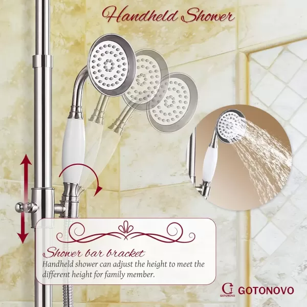 imagegotonovo Exposed Polish Chrome Shower Faucet System 8 Rain Shower 2 Double Knobs Cross Handle Dual Function Shower Fixture Combo Unit SetBrushed Nickel