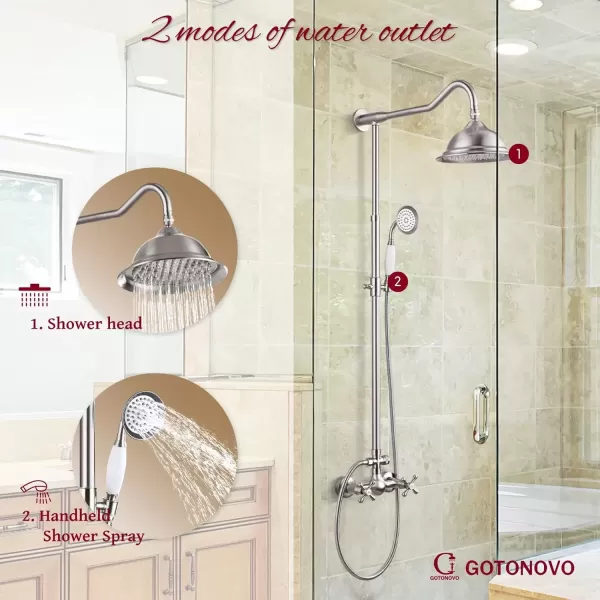 imagegotonovo Exposed Polish Chrome Shower Faucet System 8 Rain Shower 2 Double Knobs Cross Handle Dual Function Shower Fixture Combo Unit SetBrushed Nickel