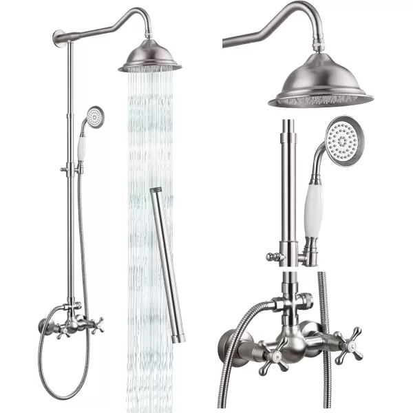 imagegotonovo Exposed Polish Chrome Shower Faucet System 8 Rain Shower 2 Double Knobs Cross Handle Dual Function Shower Fixture Combo Unit SetBrushed Nickel