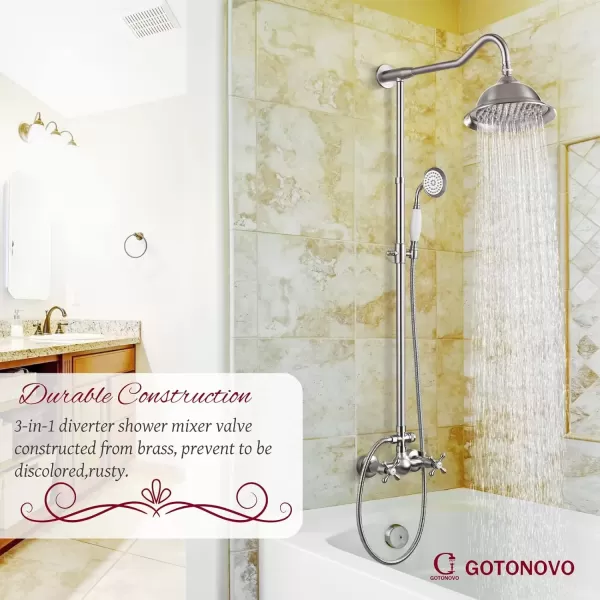 imagegotonovo Exposed Polish Chrome Shower Faucet System 8 Rain Shower 2 Double Knobs Cross Handle Dual Function Shower Fixture Combo Unit SetBrushed Nickel
